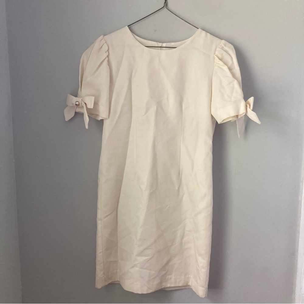 Vintage kids Lavender Blue ivory short sleeve shift dress bow Pearl flower girl